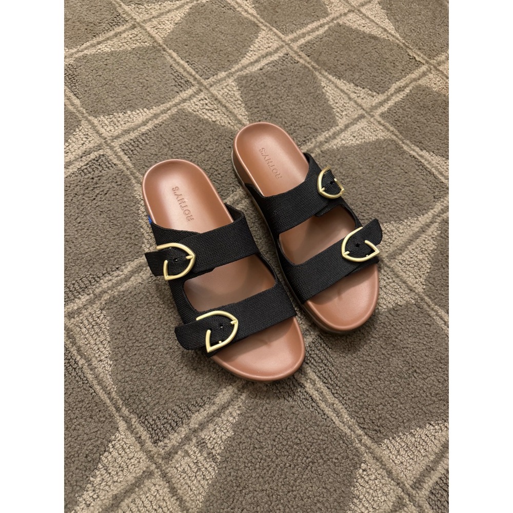Rothy's The Buckle Slide Black Double Strap Sandals 8.5 minimalist casual comfy